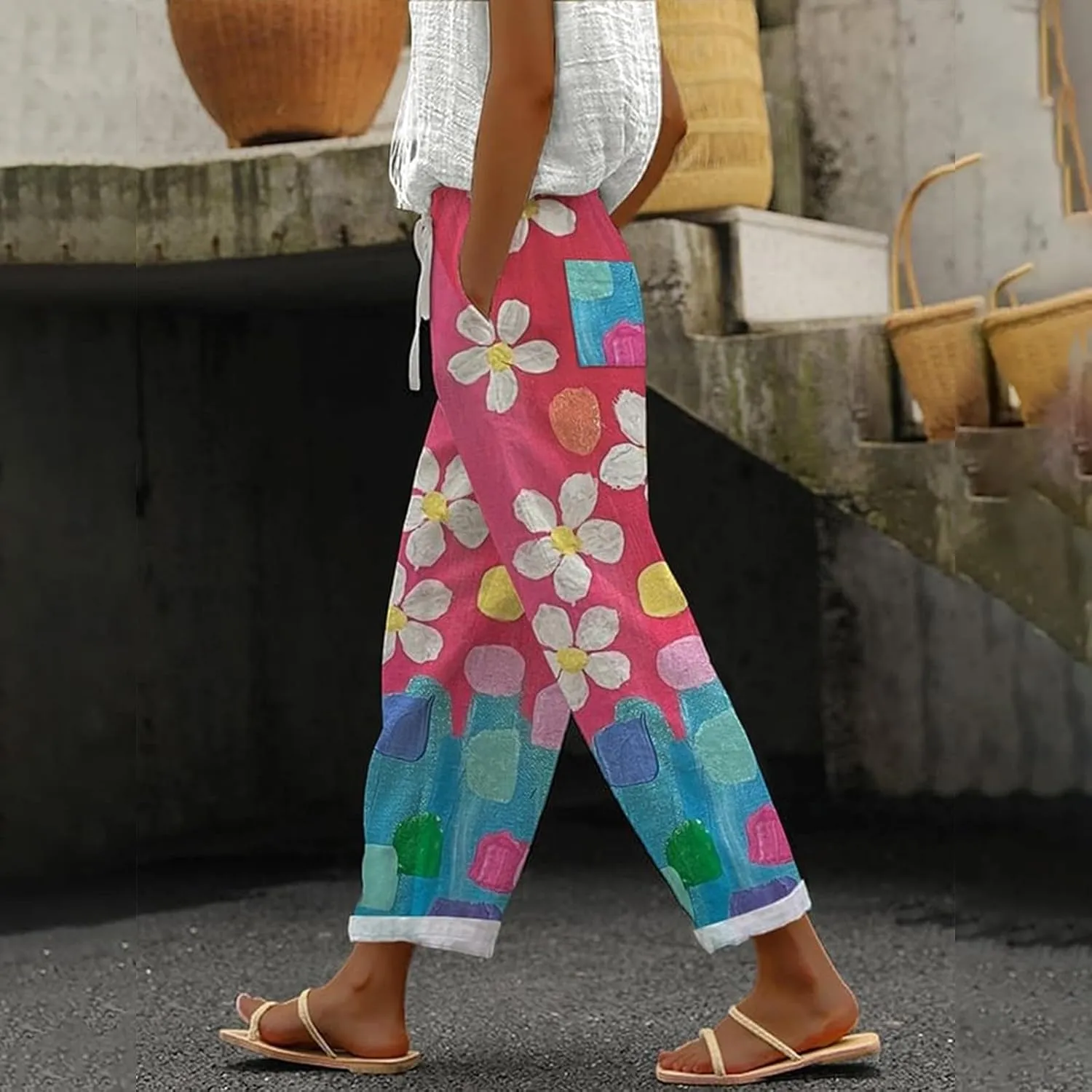 Womens Linen Cotton Pants with Pockets Loose High Waist Wide Leg Lounge Comfy Casual Lightweight Loose Trousers