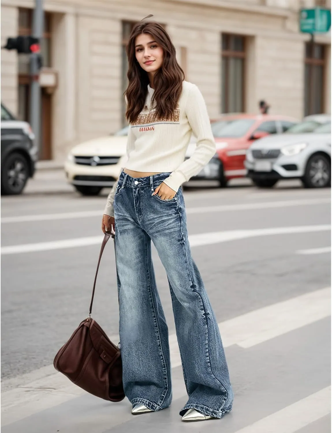 Women's Low Rise Wide Leg Flare Jeans Baggy Vintage 90s Bell Bottom Jeans Casual Loose Fit Boyfriend Denim Pants