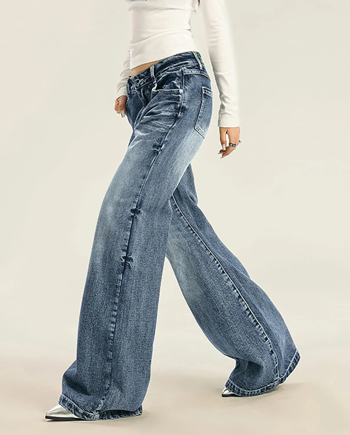 Women's Low Rise Wide Leg Flare Jeans Baggy Vintage 90s Bell Bottom Jeans Casual Loose Fit Boyfriend Denim Pants