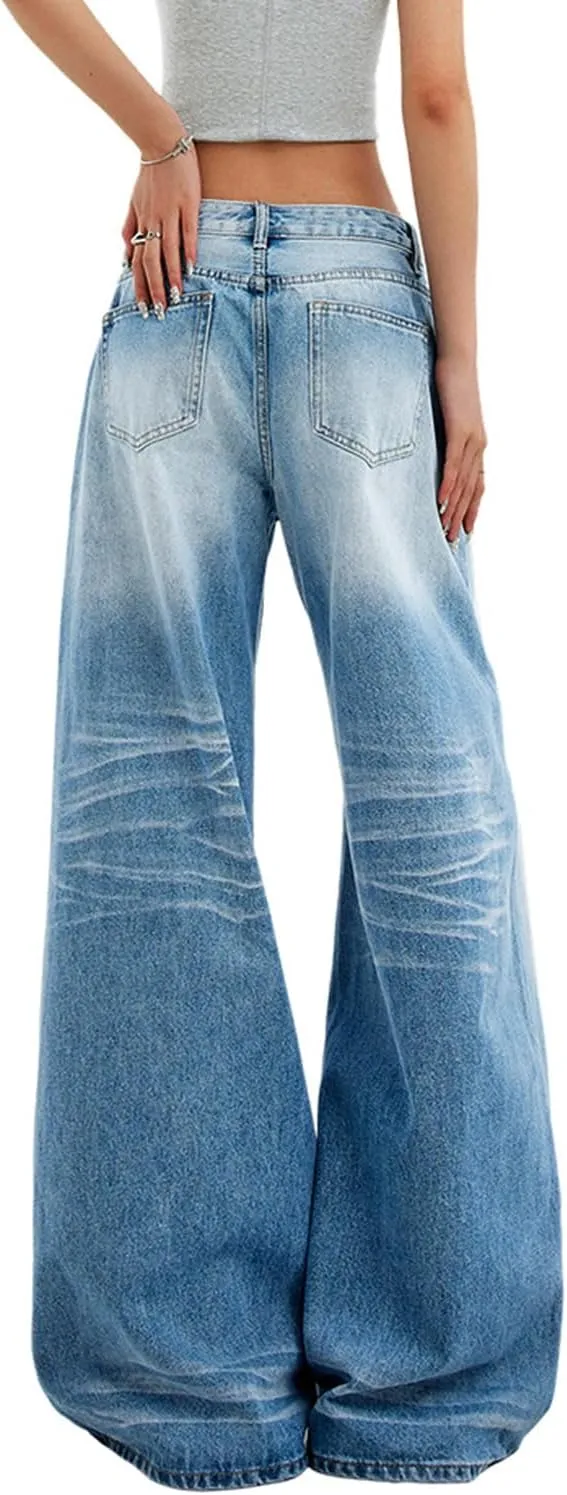 Women's Low Rise Wide Leg Flare Jeans Baggy Vintage 90s Bell Bottom Jeans Casual Loose Fit Boyfriend Denim Pants