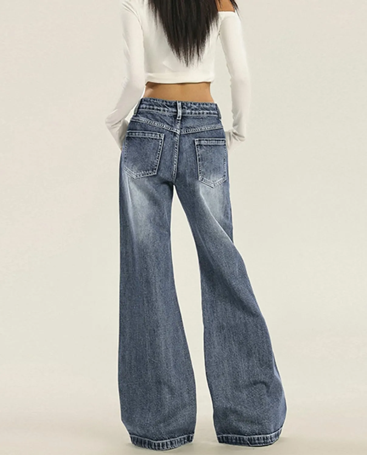 Women's Low Rise Wide Leg Flare Jeans Baggy Vintage 90s Bell Bottom Jeans Casual Loose Fit Boyfriend Denim Pants