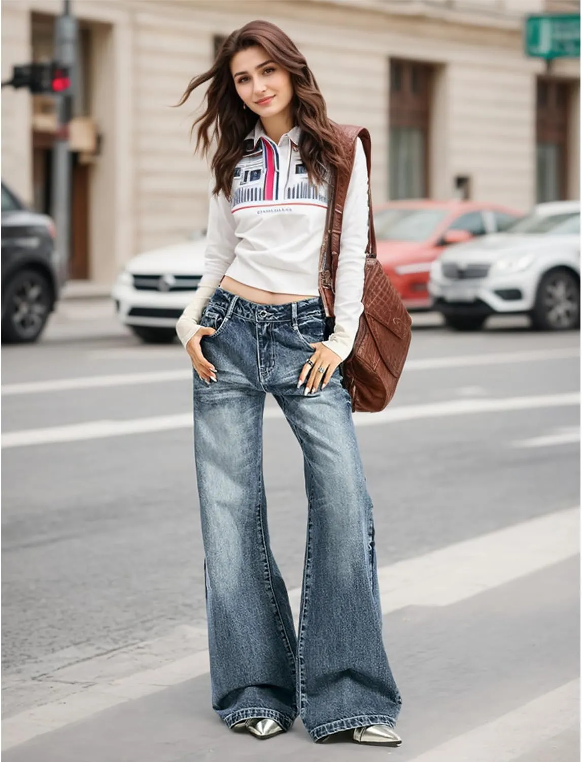 Women's Low Rise Wide Leg Flare Jeans Baggy Vintage 90s Bell Bottom Jeans Casual Loose Fit Boyfriend Denim Pants