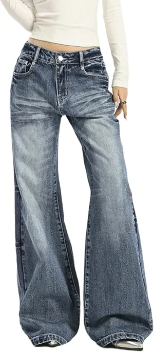 Women's Low Rise Wide Leg Flare Jeans Baggy Vintage 90s Bell Bottom Jeans Casual Loose Fit Boyfriend Denim Pants