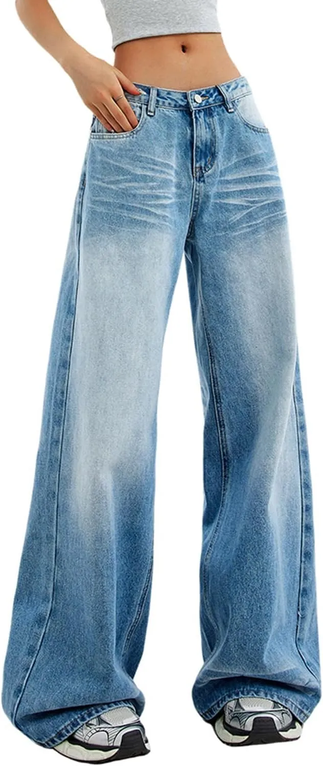 Women's Low Rise Wide Leg Flare Jeans Baggy Vintage 90s Bell Bottom Jeans Casual Loose Fit Boyfriend Denim Pants