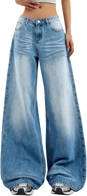 Women's Low Rise Wide Leg Flare Jeans Baggy Vintage 90s Bell Bottom Jeans Casual Loose Fit Boyfriend Denim Pants