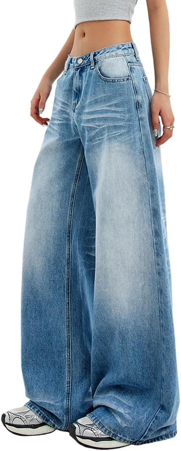 Women's Low Rise Wide Leg Flare Jeans Baggy Vintage 90s Bell Bottom Jeans Casual Loose Fit Boyfriend Denim Pants