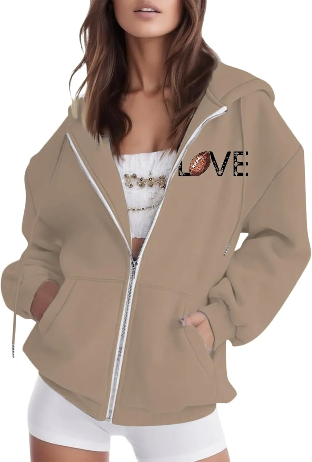 Women's Novelty Letter Print Zip Up Hoodies Hip Hop Basic Autumn Winter Oversized Baggy Drawstring Pullover with Pockets