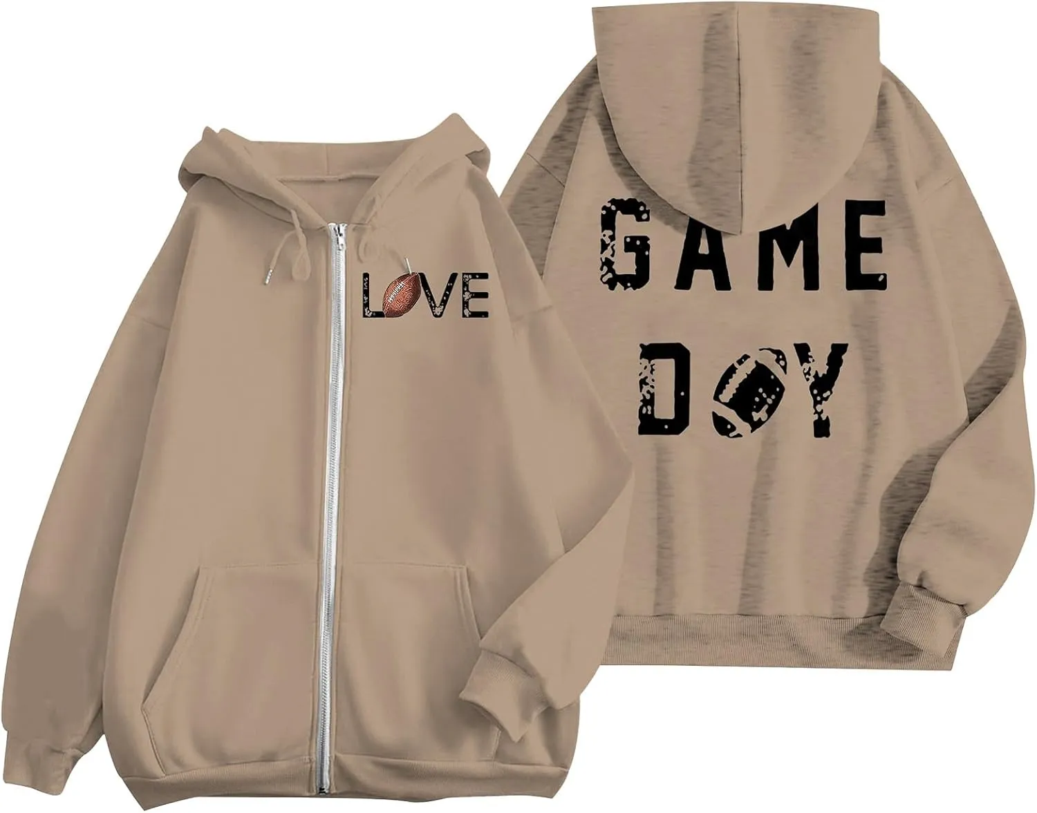 Women's Novelty Letter Print Zip Up Hoodies Hip Hop Basic Autumn Winter Oversized Baggy Drawstring Pullover with Pockets