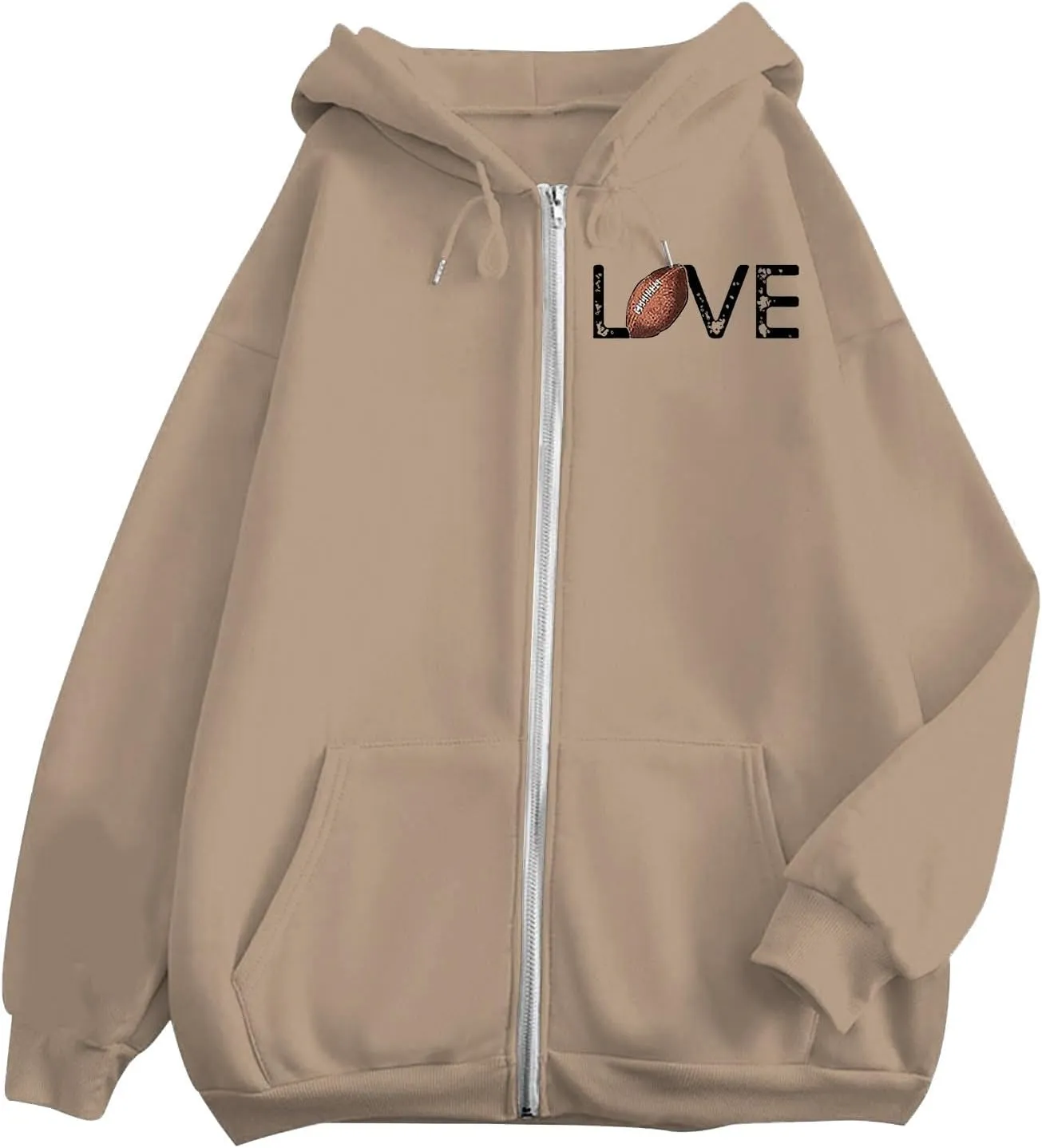 Women's Novelty Letter Print Zip Up Hoodies Hip Hop Basic Autumn Winter Oversized Baggy Drawstring Pullover with Pockets