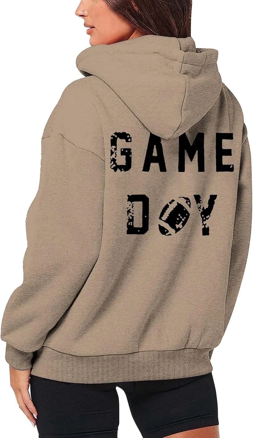 Women's Novelty Letter Print Zip Up Hoodies Hip Hop Basic Autumn Winter Oversized Baggy Drawstring Pullover with Pockets