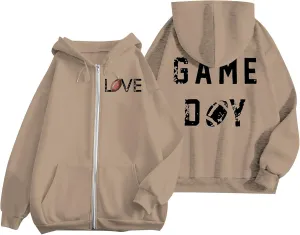 Women's Novelty Letter Print Zip Up Hoodies Hip Hop Basic Autumn Winter Oversized Baggy Drawstring Pullover with Pockets