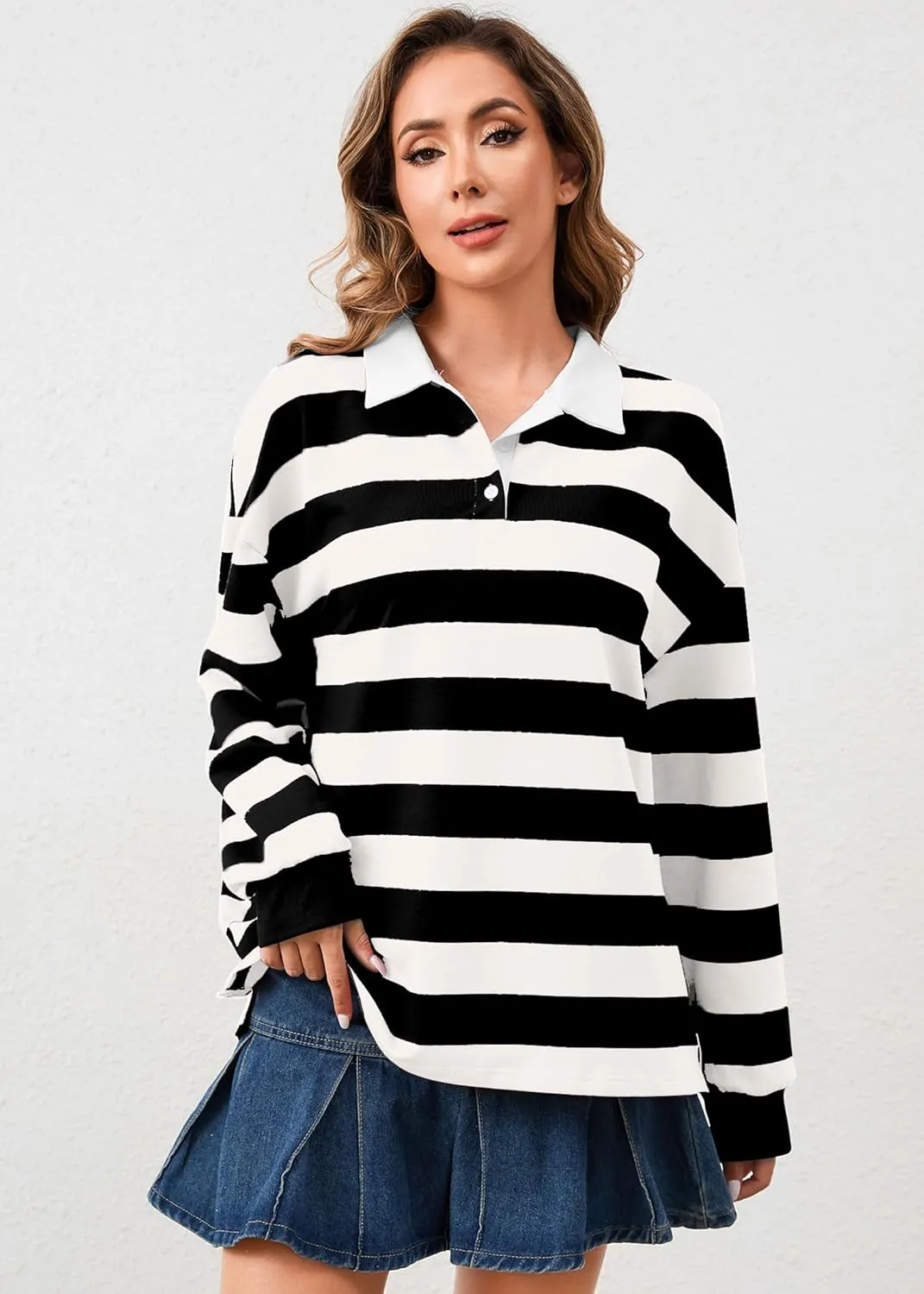 Women's Oversized Striped Polo Sweatshirt Long Sleeve Rugby Collared Pullover Tops Loose Fit Shirt