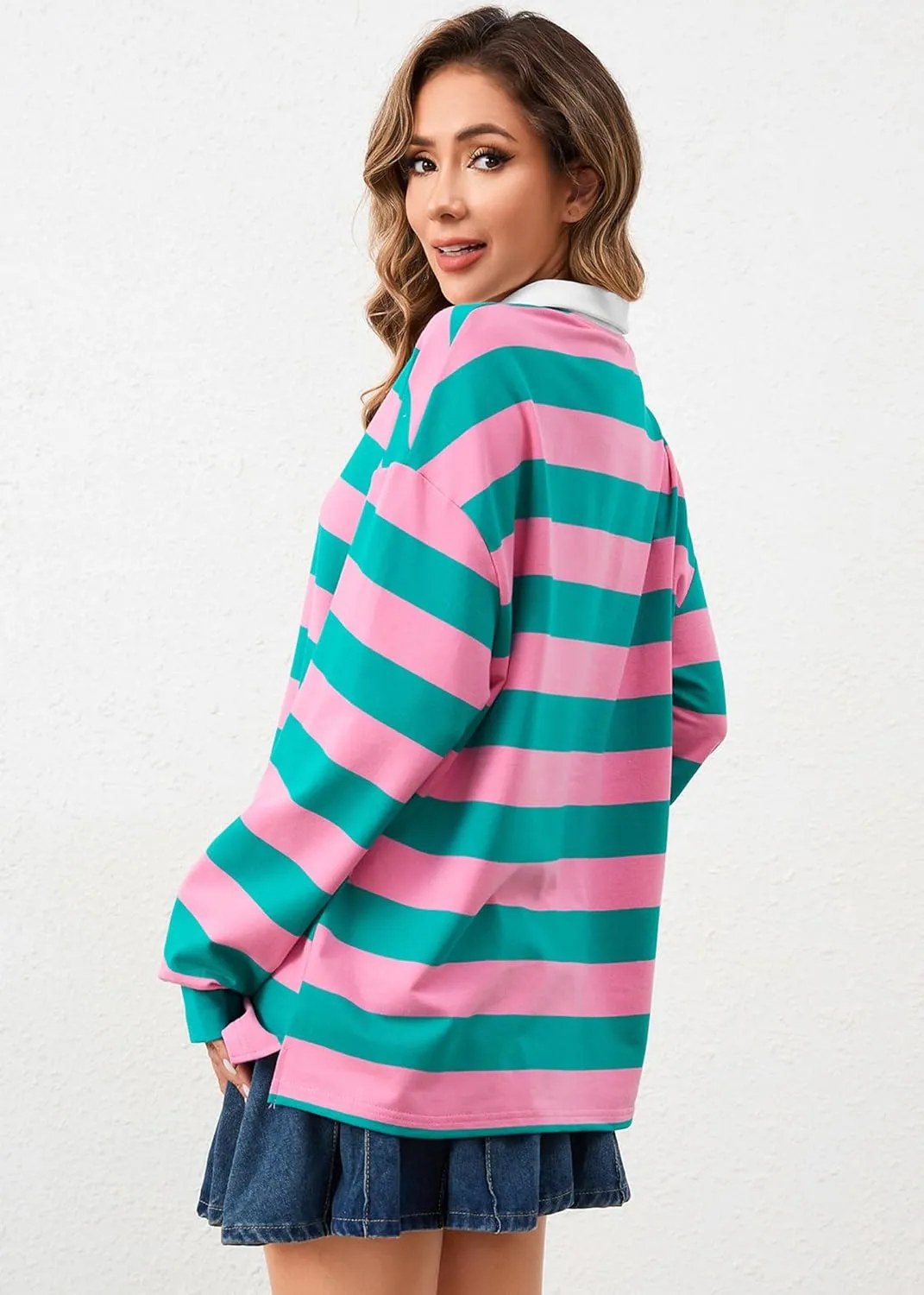 Women's Oversized Striped Polo Sweatshirt Long Sleeve Rugby Collared Pullover Tops Loose Fit Shirt