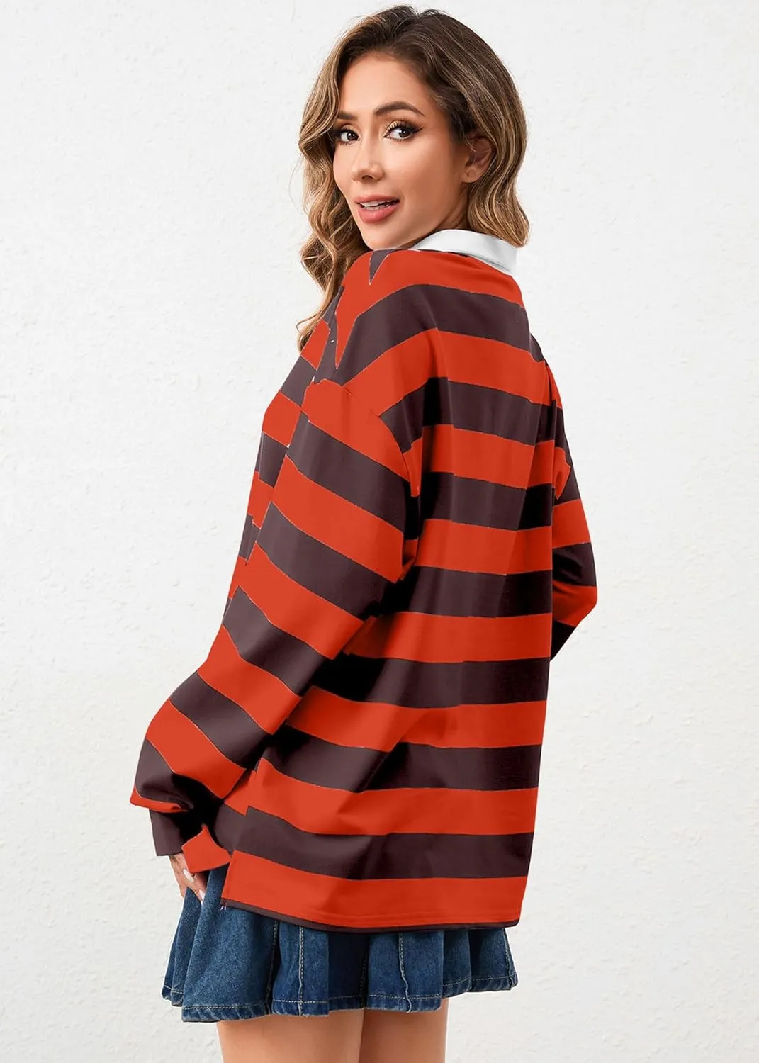 Women's Oversized Striped Polo Sweatshirt Long Sleeve Rugby Collared Pullover Tops Loose Fit Shirt