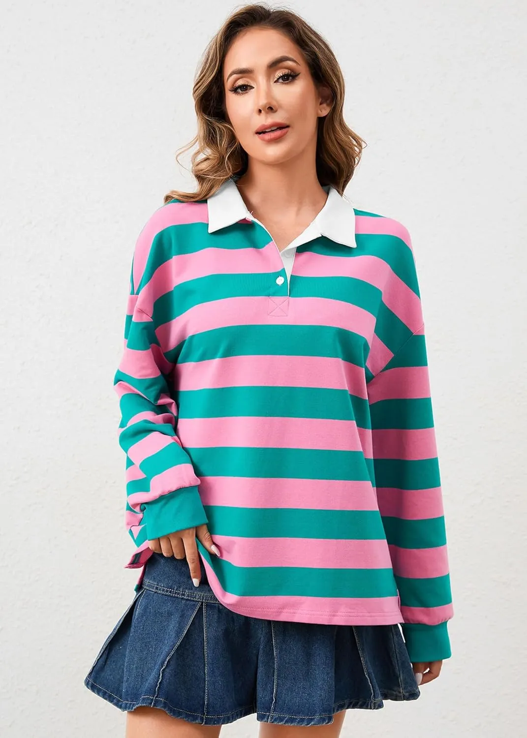 Women's Oversized Striped Polo Sweatshirt Long Sleeve Rugby Collared Pullover Tops Loose Fit Shirt