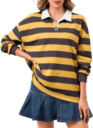 Women's Oversized Striped Polo Sweatshirt Long Sleeve Rugby Collared Pullover Tops Loose Fit Shirt