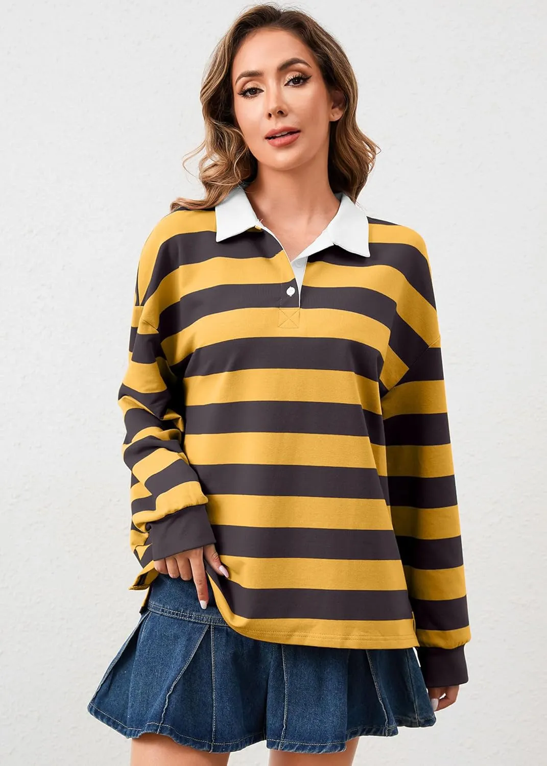 Women's Oversized Striped Polo Sweatshirt Long Sleeve Rugby Collared Pullover Tops Loose Fit Shirt