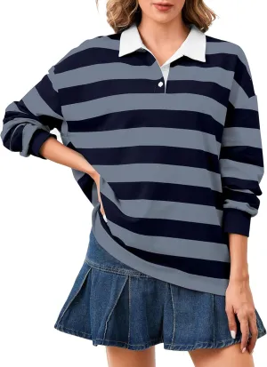 Women's Oversized Striped Polo Sweatshirt Long Sleeve Rugby Collared Pullover Tops Loose Fit Shirt