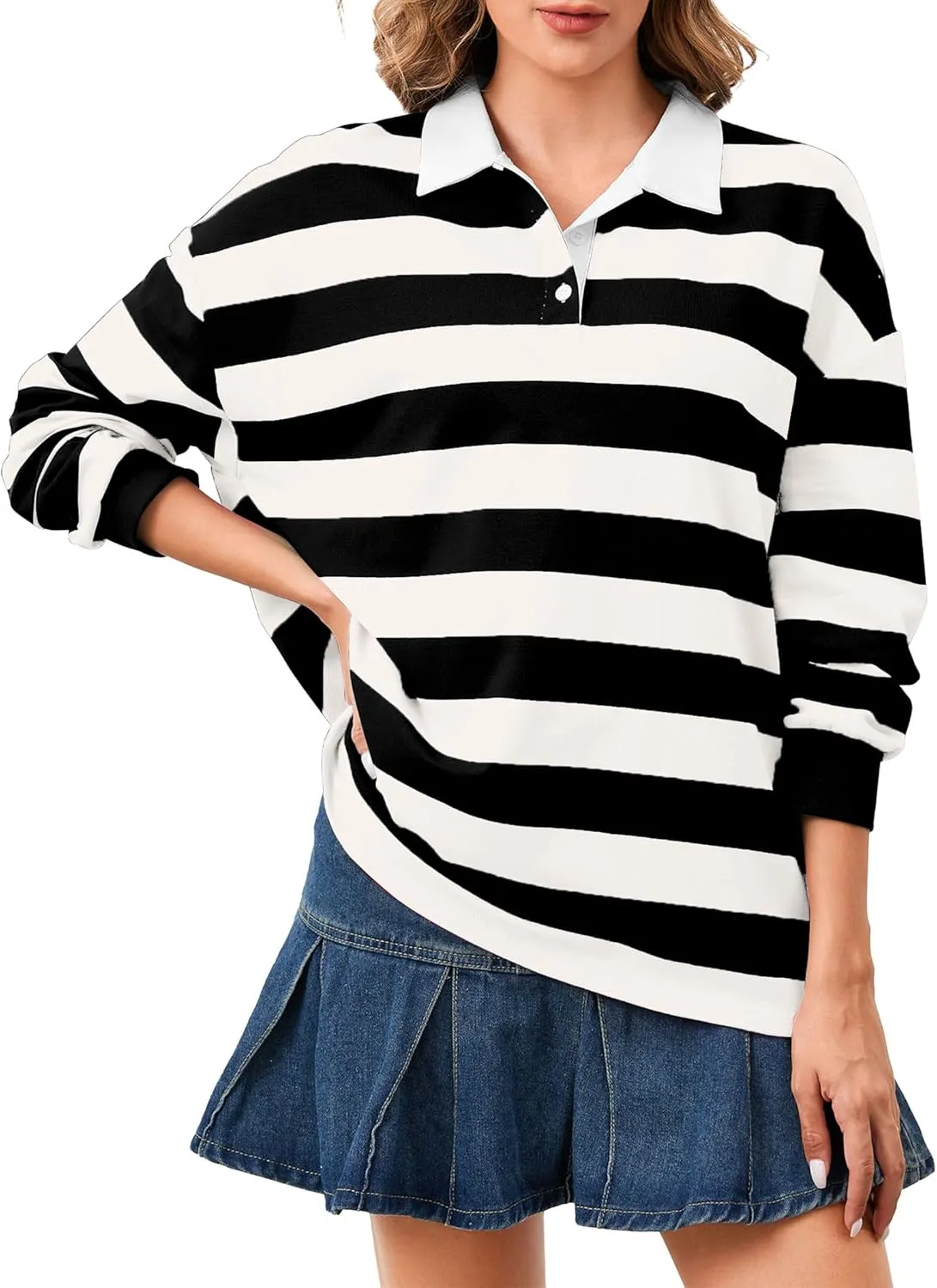 Women's Oversized Striped Polo Sweatshirt Long Sleeve Rugby Collared Pullover Tops Loose Fit Shirt
