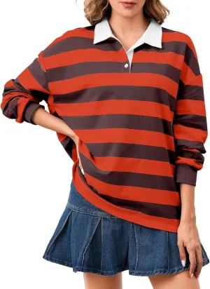 Women's Oversized Striped Polo Sweatshirt Long Sleeve Rugby Collared Pullover Tops Loose Fit Shirt