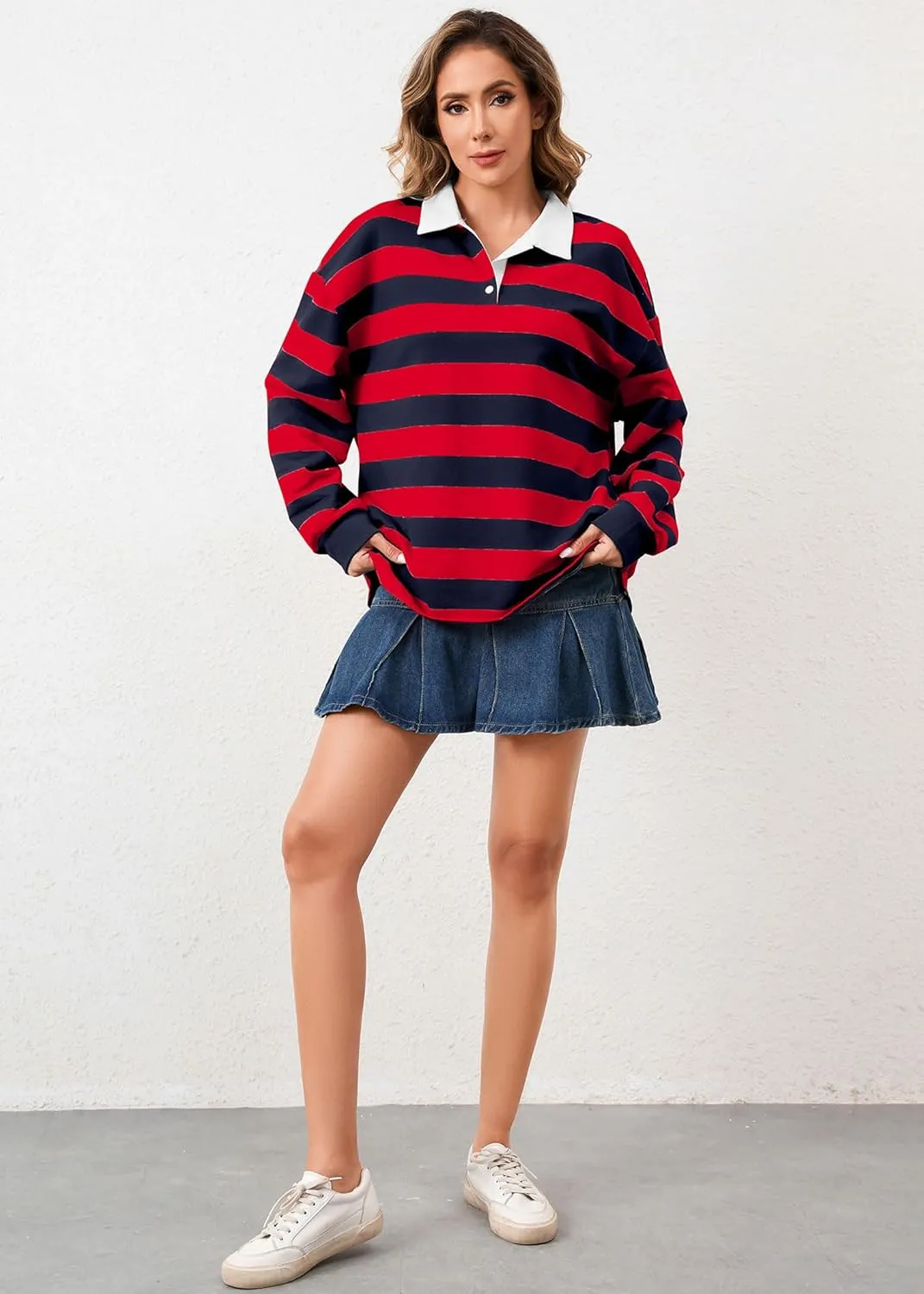 Women's Oversized Striped Polo Sweatshirt Long Sleeve Rugby Collared Pullover Tops Loose Fit Shirt