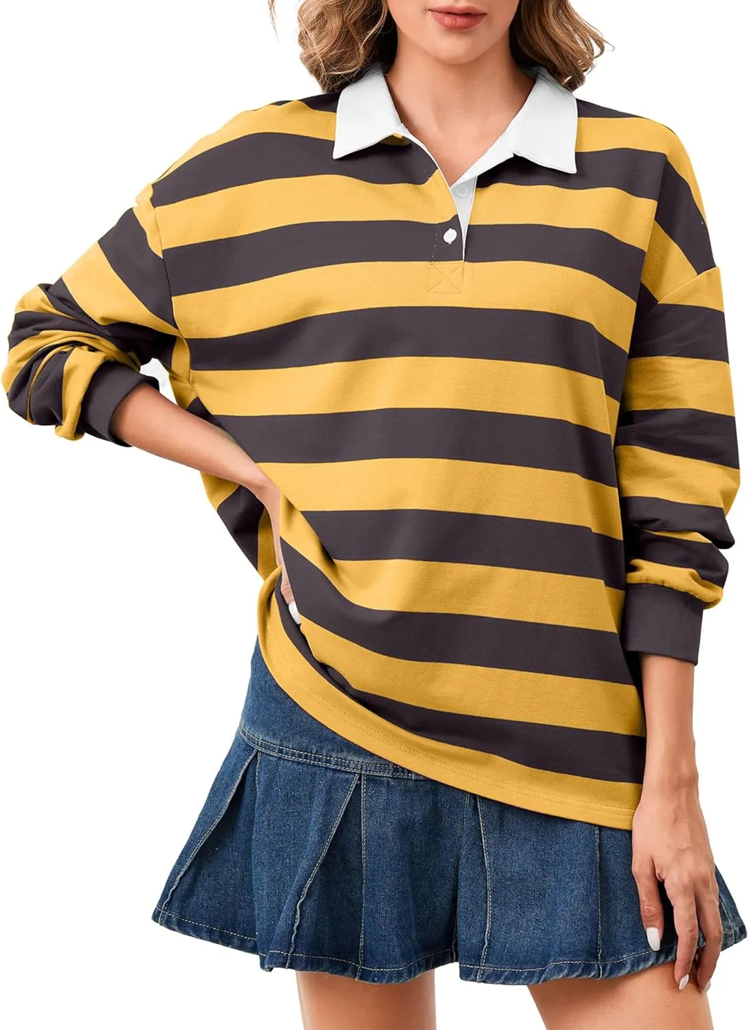 Women's Oversized Striped Polo Sweatshirt Long Sleeve Rugby Collared Pullover Tops Loose Fit Shirt