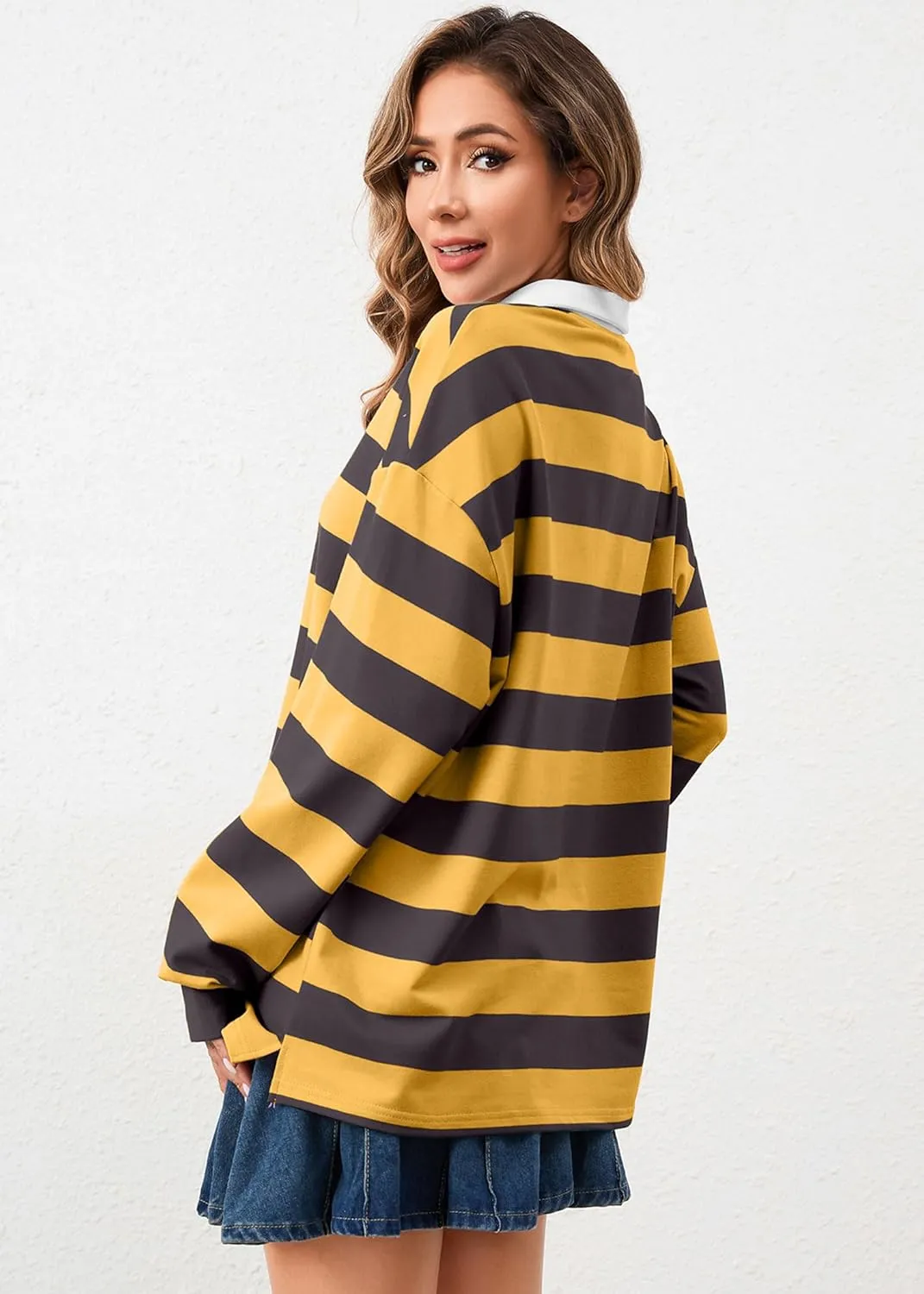 Women's Oversized Striped Polo Sweatshirt Long Sleeve Rugby Collared Pullover Tops Loose Fit Shirt