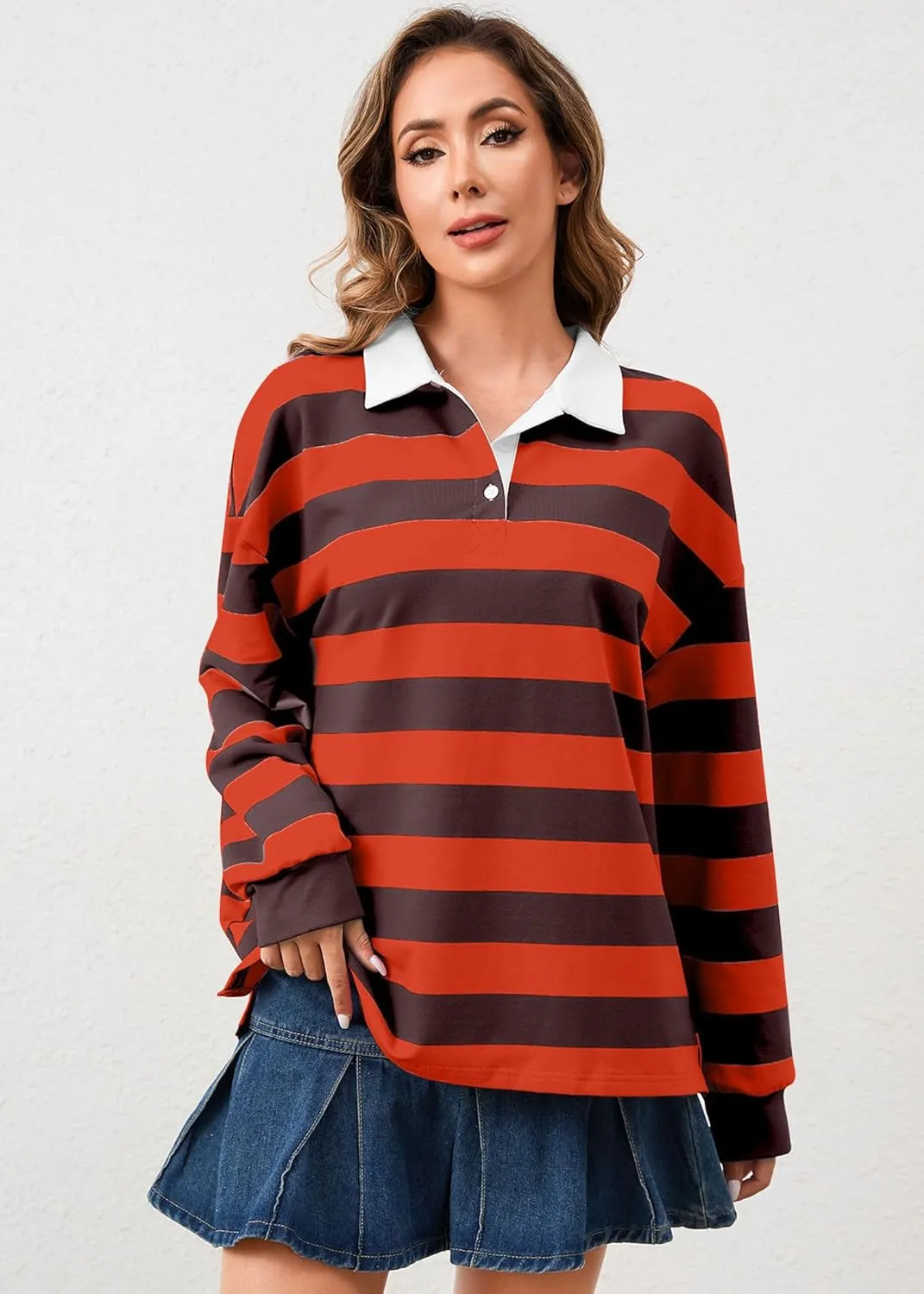 Women's Oversized Striped Polo Sweatshirt Long Sleeve Rugby Collared Pullover Tops Loose Fit Shirt