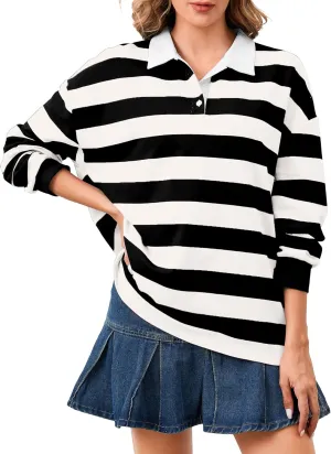 Women's Oversized Striped Polo Sweatshirt Long Sleeve Rugby Collared Pullover Tops Loose Fit Shirt
