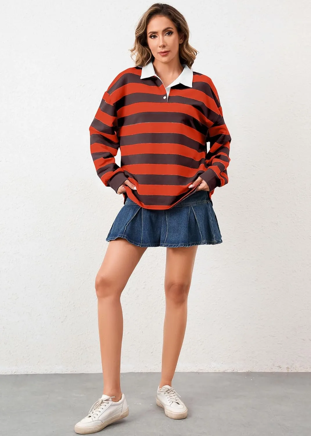 Women's Oversized Striped Polo Sweatshirt Long Sleeve Rugby Collared Pullover Tops Loose Fit Shirt
