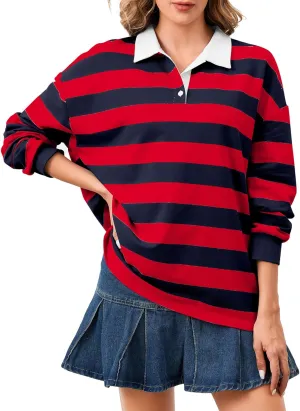 Women's Oversized Striped Polo Sweatshirt Long Sleeve Rugby Collared Pullover Tops Loose Fit Shirt