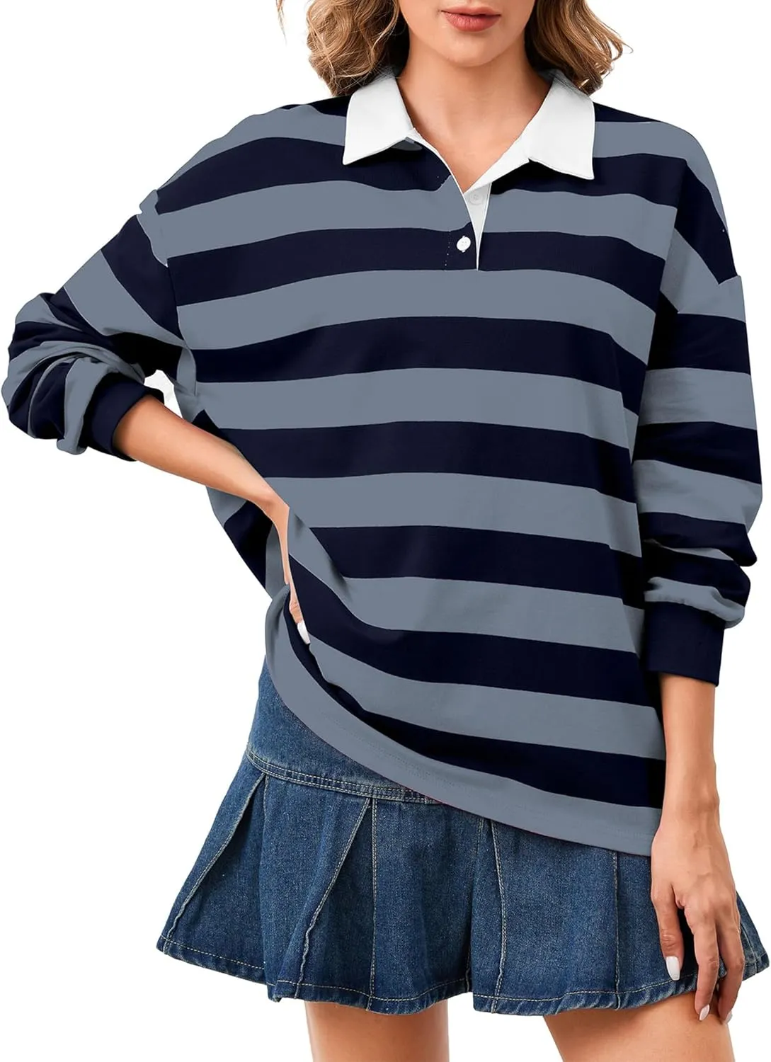 Women's Oversized Striped Polo Sweatshirt Long Sleeve Rugby Collared Pullover Tops Loose Fit Shirt