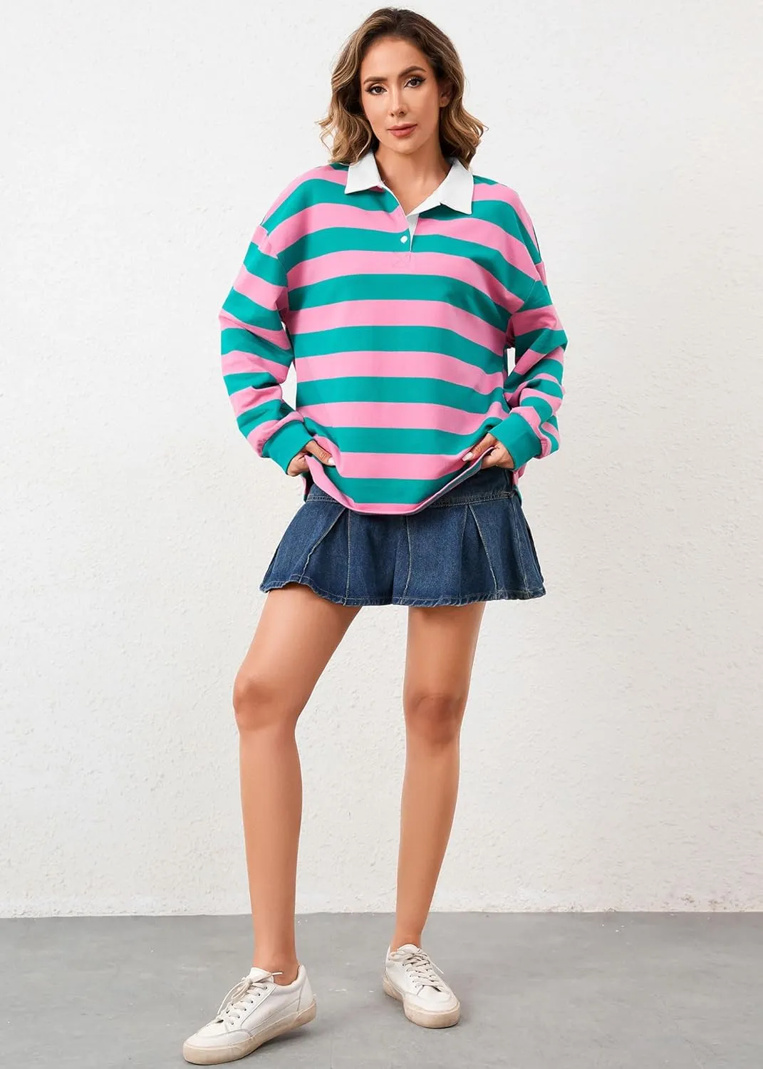 Women's Oversized Striped Polo Sweatshirt Long Sleeve Rugby Collared Pullover Tops Loose Fit Shirt