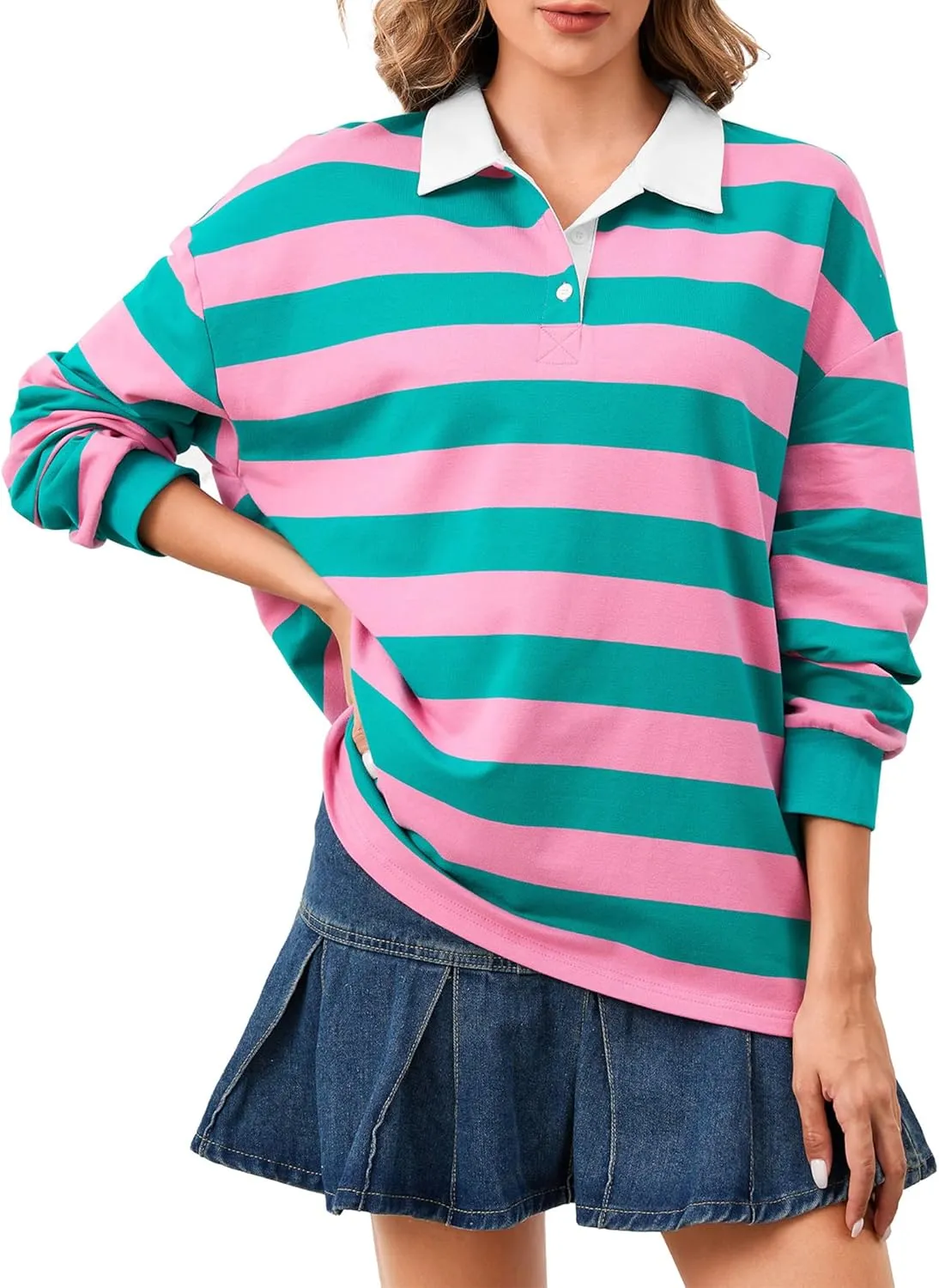 Women's Oversized Striped Polo Sweatshirt Long Sleeve Rugby Collared Pullover Tops Loose Fit Shirt