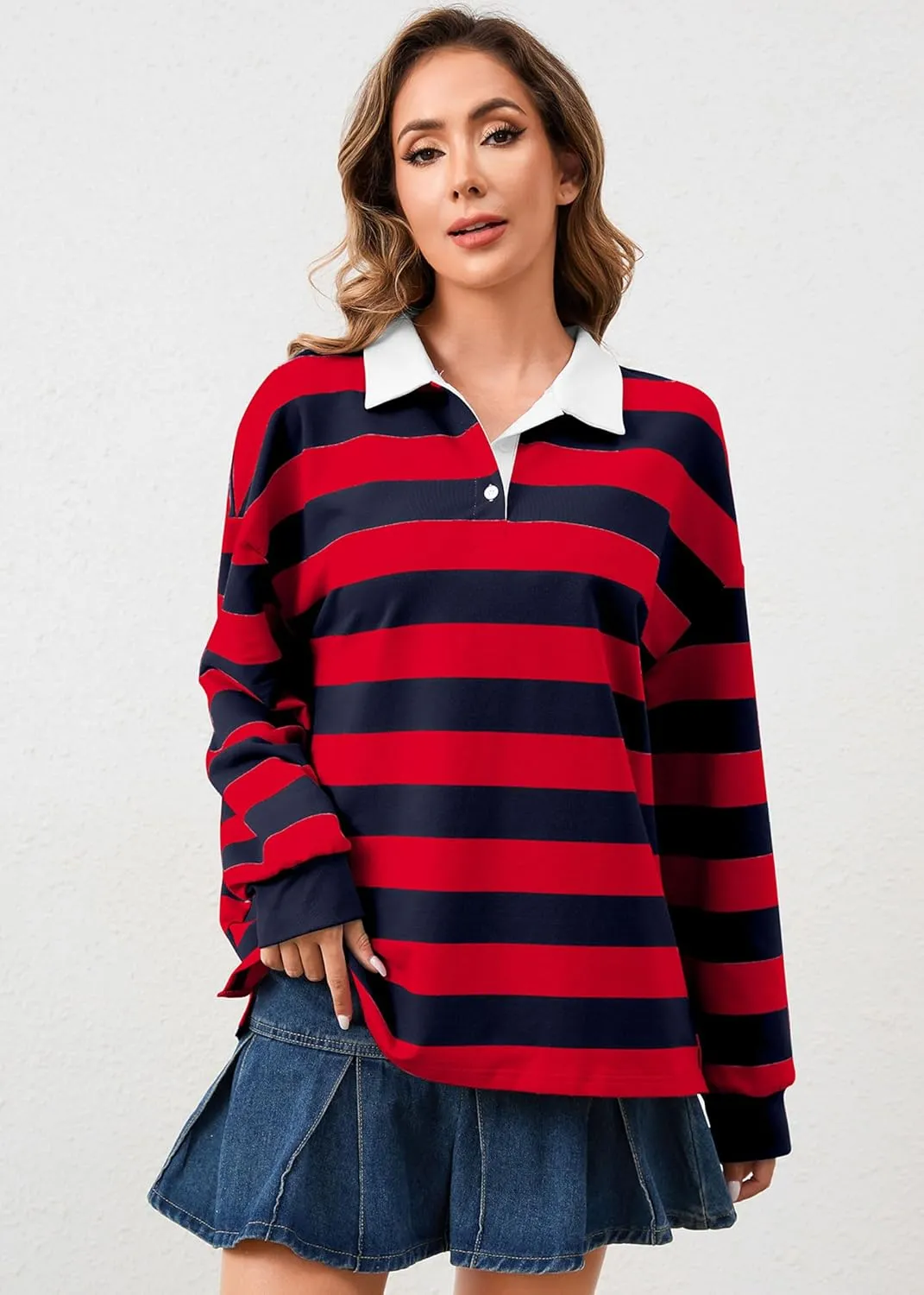 Women's Oversized Striped Polo Sweatshirt Long Sleeve Rugby Collared Pullover Tops Loose Fit Shirt