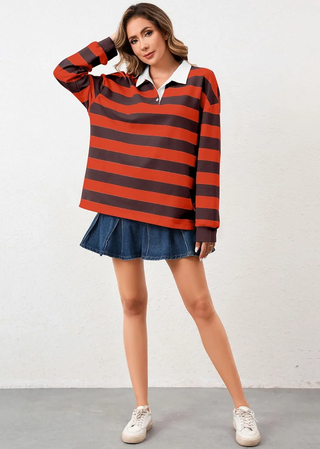Women's Oversized Striped Polo Sweatshirt Long Sleeve Rugby Collared Pullover Tops Loose Fit Shirt