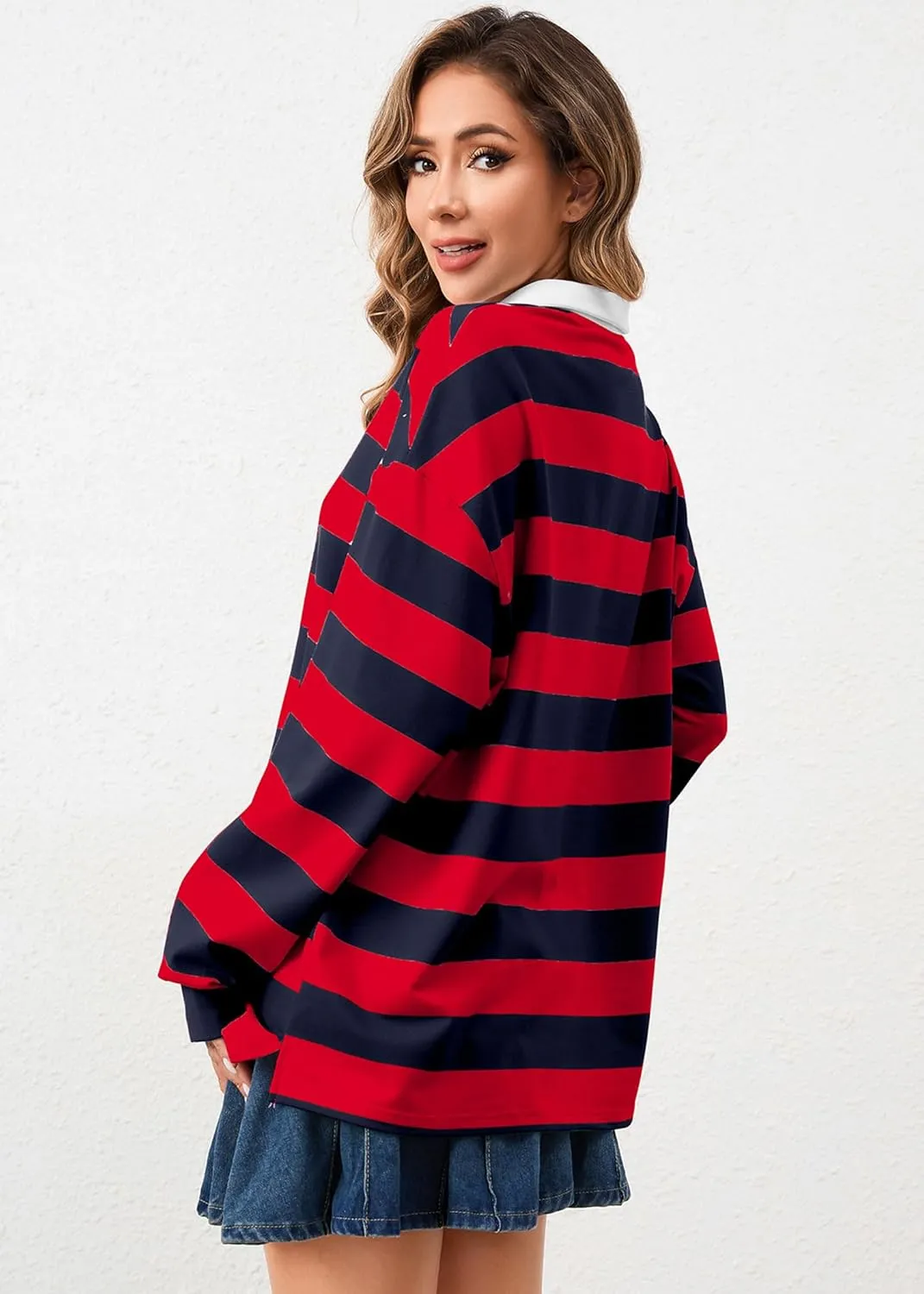 Women's Oversized Striped Polo Sweatshirt Long Sleeve Rugby Collared Pullover Tops Loose Fit Shirt