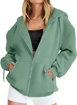 Womens Oversized Zip Up Hoodies Loose Long Sleeve Zipper Hooded Sweatshirt Casual Solid Jackets with Pockets