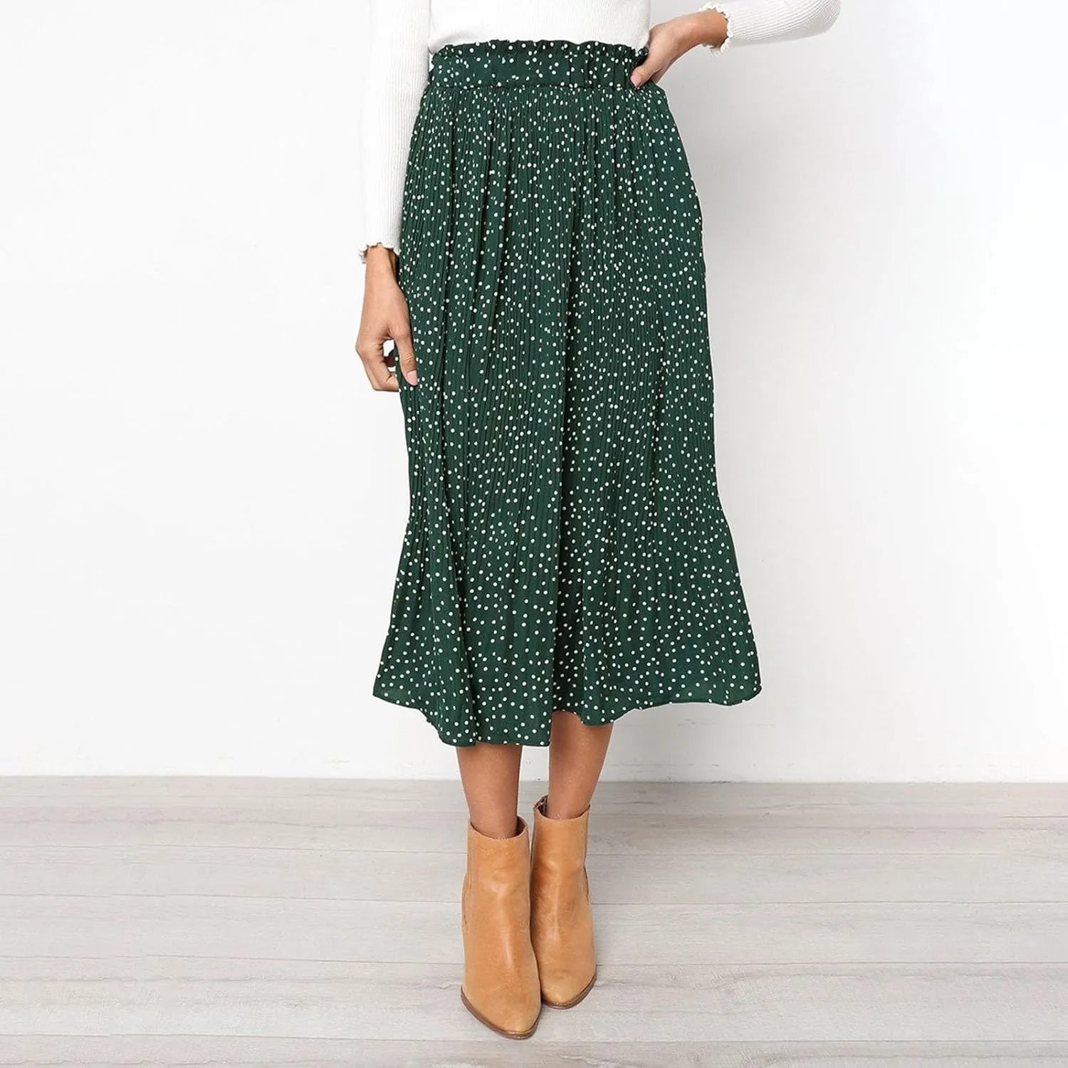 Womens Pleated Midi Skirts Flowy Boho A Line Long Skirts Casual High Elastic Waist Summer Swing Skirts with