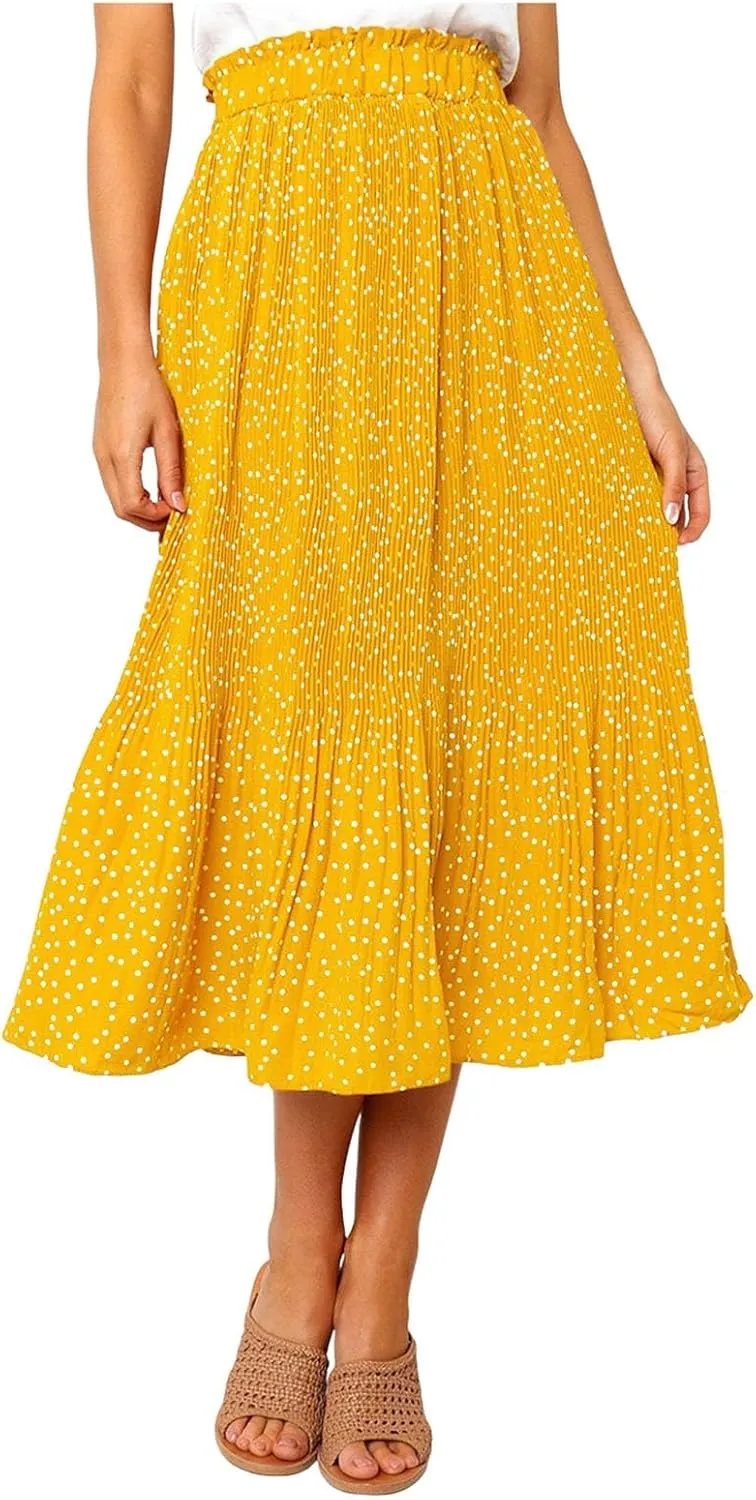 Womens Pleated Midi Skirts Flowy Boho A Line Long Skirts Casual High Elastic Waist Summer Swing Skirts with