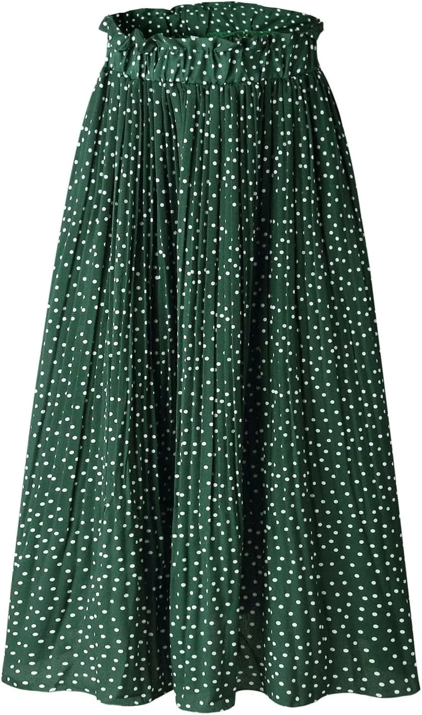 Womens Pleated Midi Skirts Flowy Boho A Line Long Skirts Casual High Elastic Waist Summer Swing Skirts with