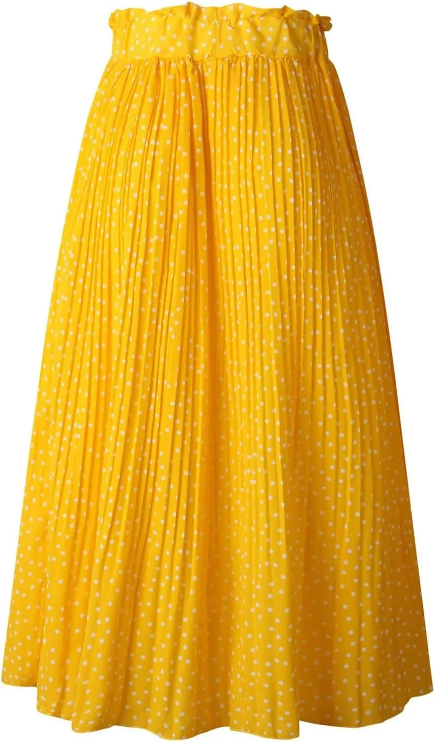 Womens Pleated Midi Skirts Flowy Boho A Line Long Skirts Casual High Elastic Waist Summer Swing Skirts with