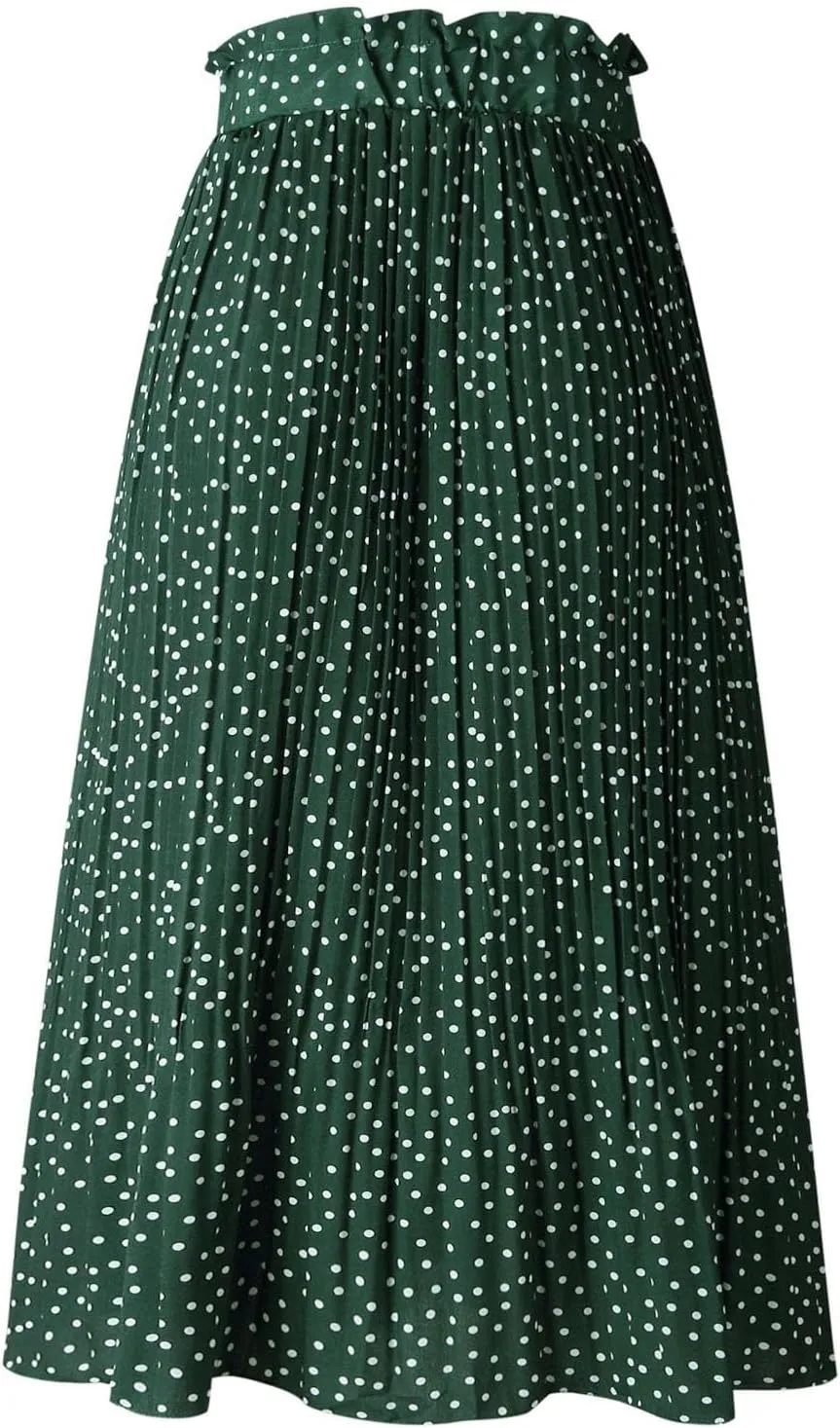Womens Pleated Midi Skirts Flowy Boho A Line Long Skirts Casual High Elastic Waist Summer Swing Skirts with