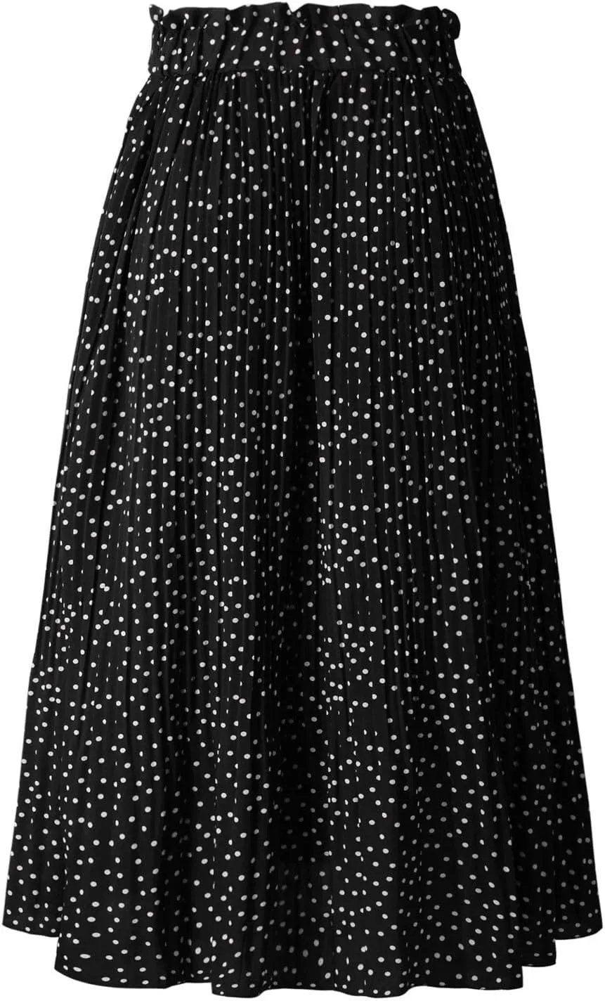 Womens Pleated Midi Skirts Flowy Boho A Line Long Skirts Casual High Elastic Waist Summer Swing Skirts with