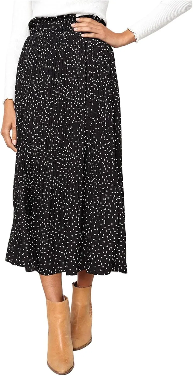 Womens Pleated Midi Skirts Flowy Boho A Line Long Skirts Casual High Elastic Waist Summer Swing Skirts with