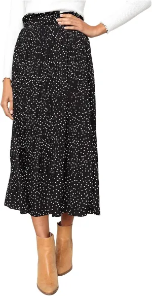 Womens Pleated Midi Skirts Flowy Boho A Line Long Skirts Casual High Elastic Waist Summer Swing Skirts with