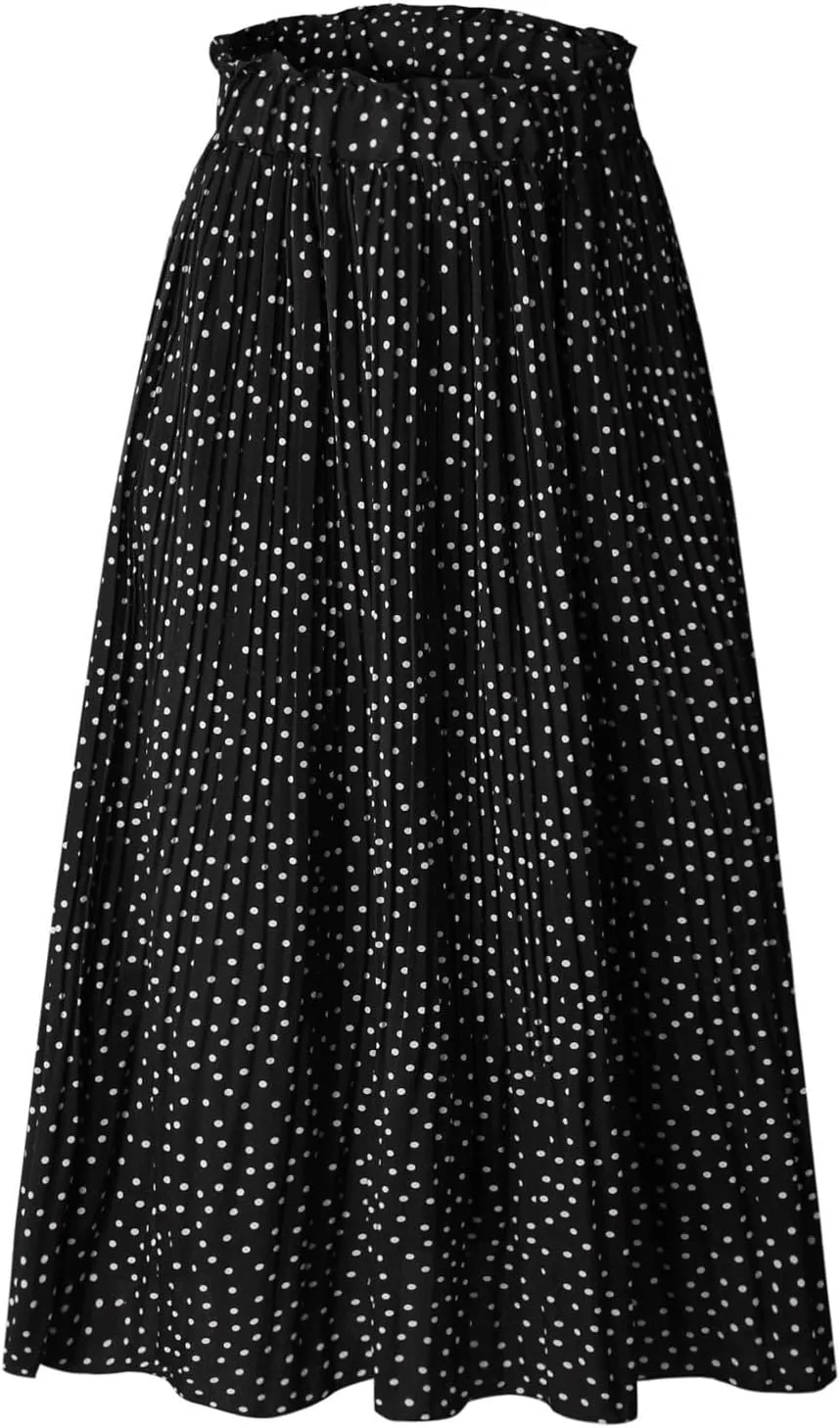 Womens Pleated Midi Skirts Flowy Boho A Line Long Skirts Casual High Elastic Waist Summer Swing Skirts with
