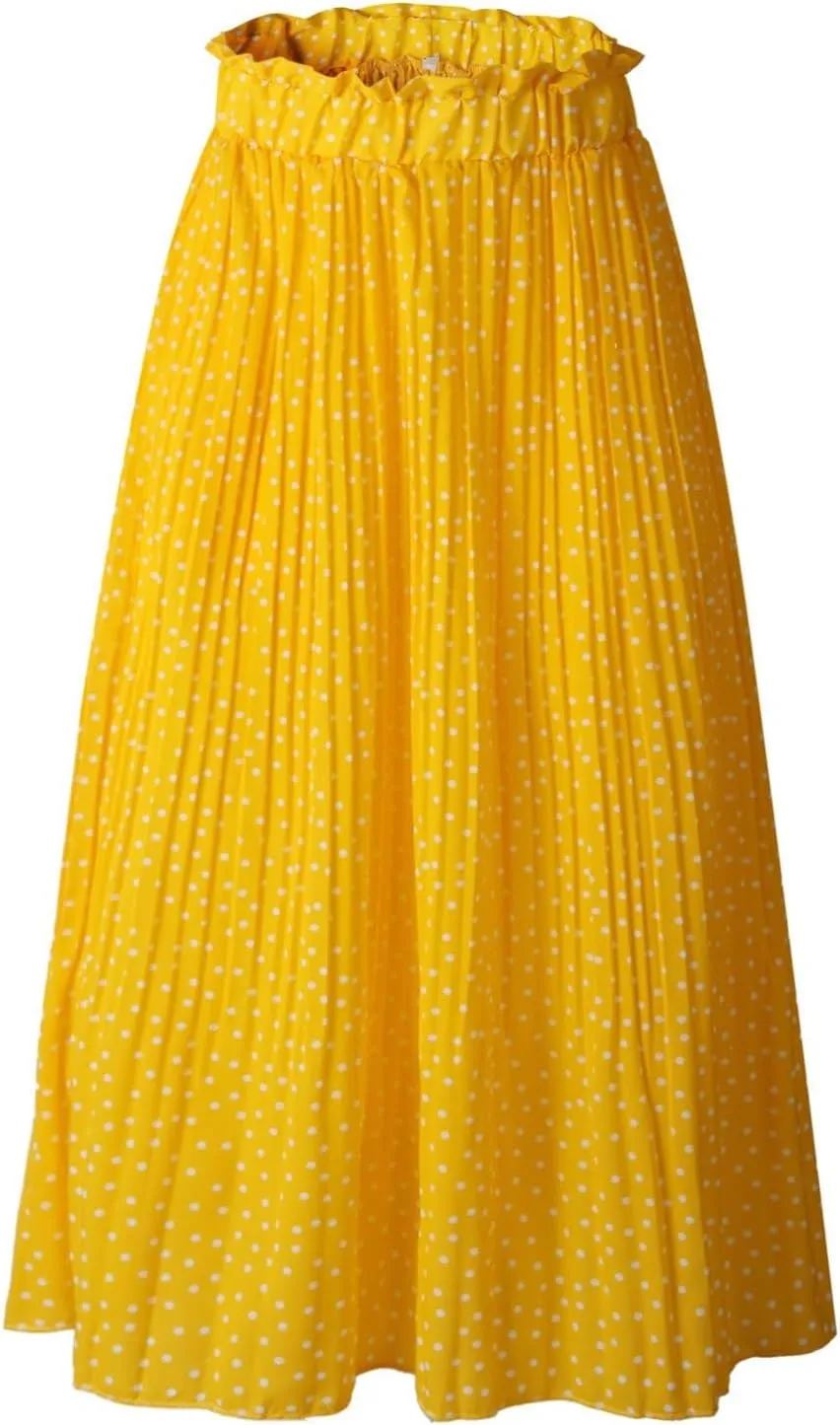 Womens Pleated Midi Skirts Flowy Boho A Line Long Skirts Casual High Elastic Waist Summer Swing Skirts with