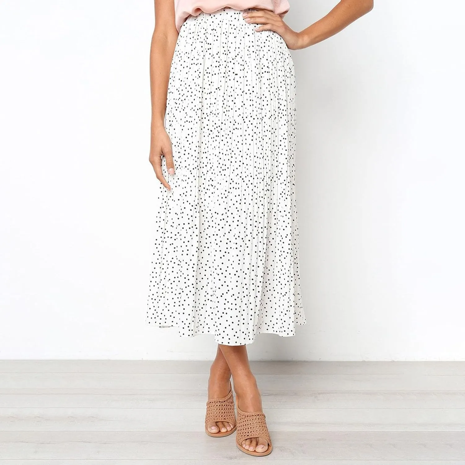 Womens Pleated Midi Skirts Flowy Boho A Line Long Skirts Casual High Elastic Waist Summer Swing Skirts with