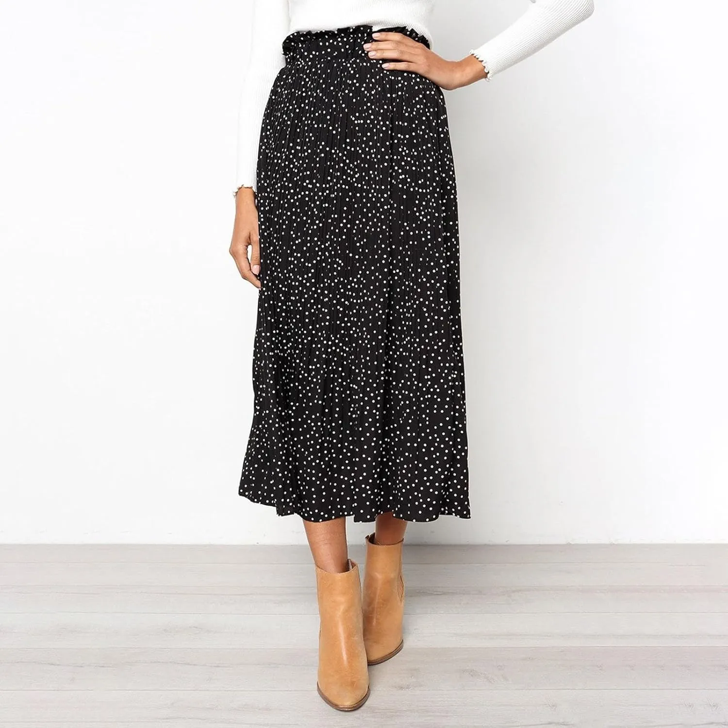 Womens Pleated Midi Skirts Flowy Boho A Line Long Skirts Casual High Elastic Waist Summer Swing Skirts with
